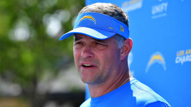 Jul 28, 2022; Costa Mesa, CA, USA; Los Angeles Chargers offensive coordinator Joe Lombardi speaks following training camp activities at Jack Hammett Sports Complex. Mandatory Credit: Gary A. Vasquez-USA TODAY Sports